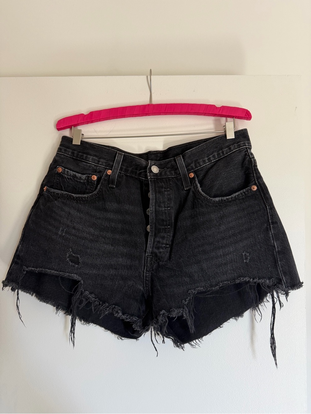 Levi's Black Distressed Button-Fly Denim Shorts